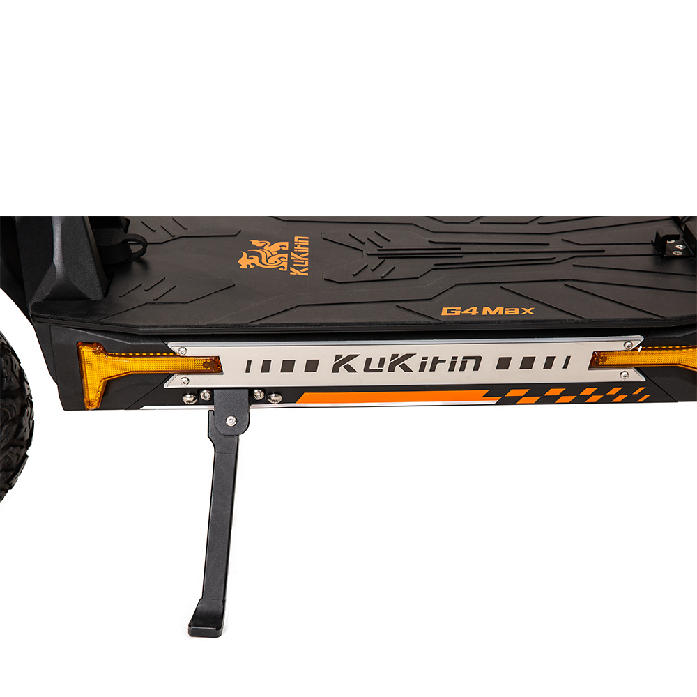 Close-up of the KuKirin G4 Max Electric Scooter showcasing its sturdy deck and unique design features.