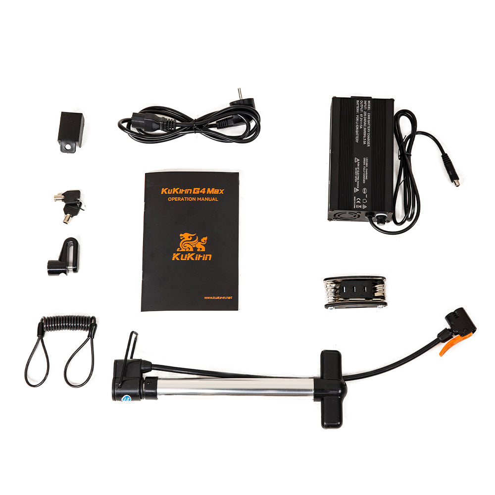 KuKirin G4 Max Electric Scooter accessories including battery, charger, manual, and tools for urban commuting.