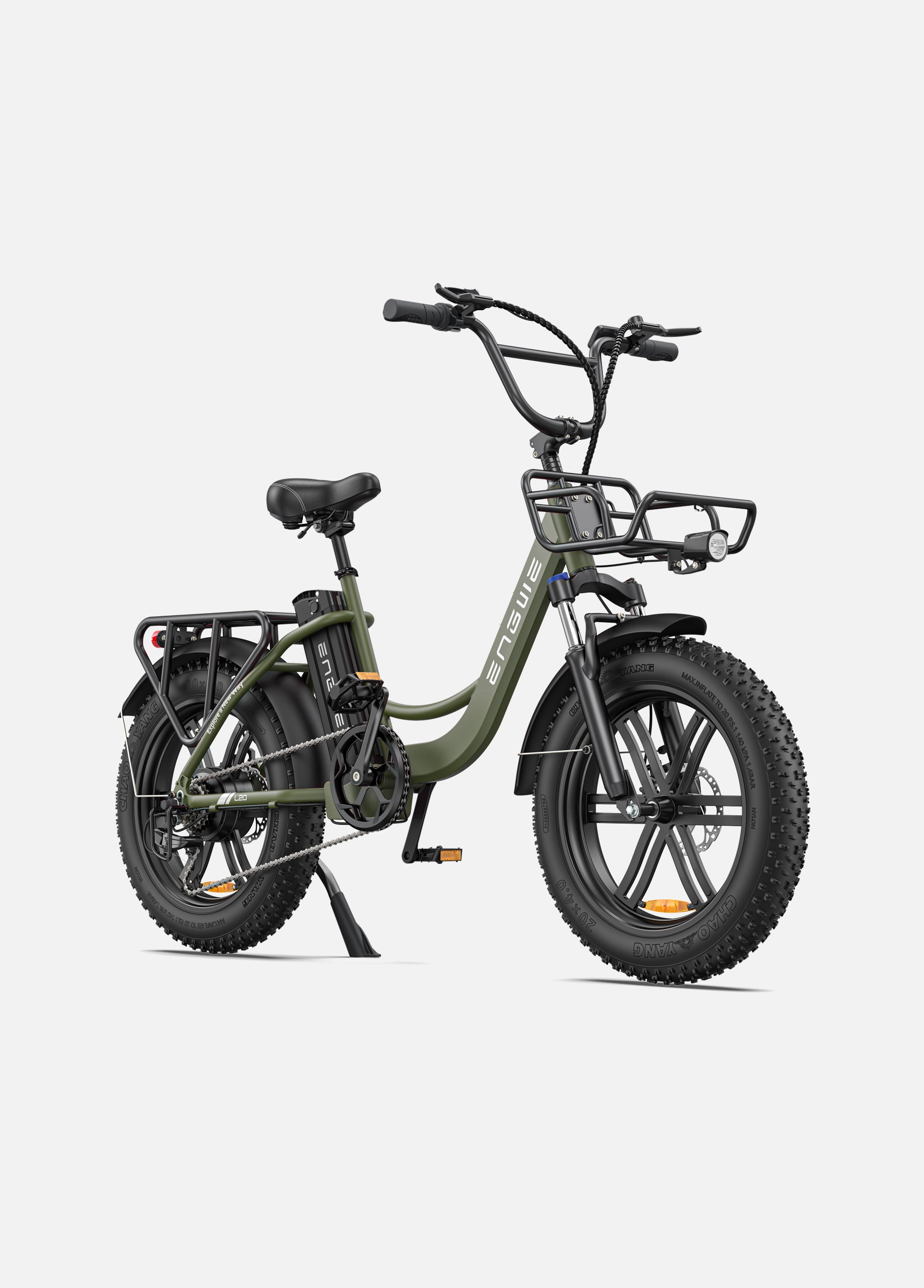 Engwe L20 electric bike with all-terrain tires and sturdy rear rack for 140Km range.