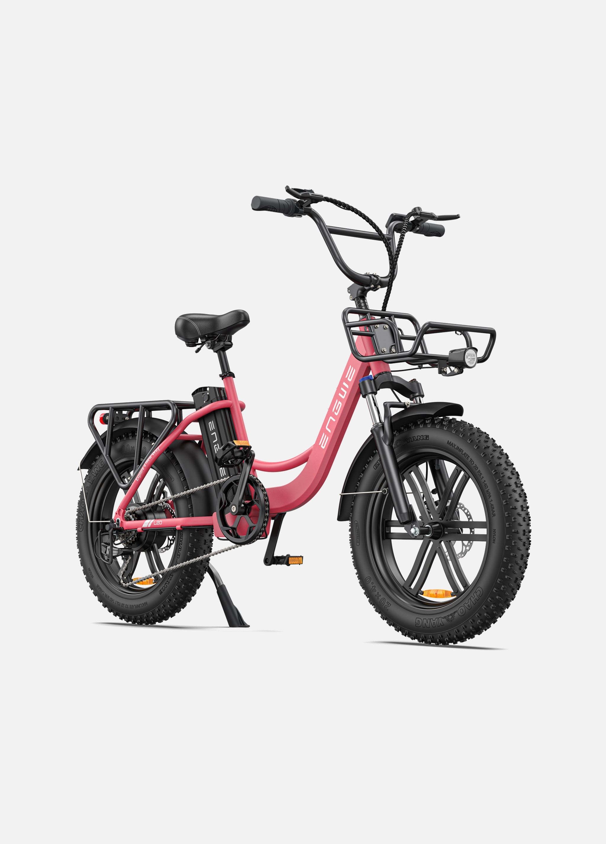 Engwe L20 electric bike in pink color with sturdy tires and rear rack, featuring all-terrain capabilities.