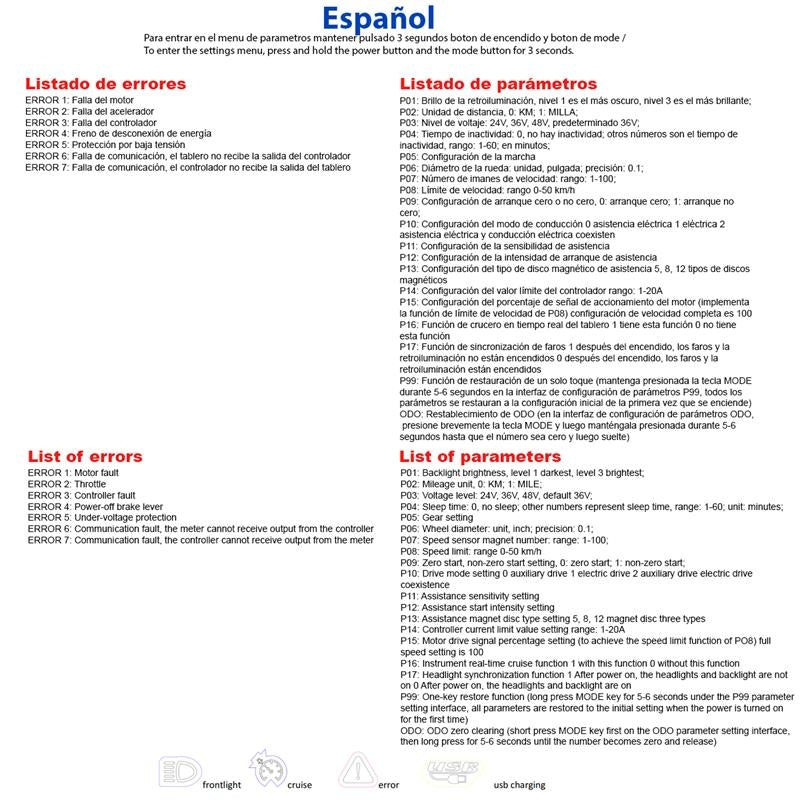 Display TF-100 error and parameter list in Spanish and English for waterproof scooter display