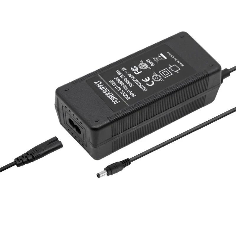 48V Charger (54.6 V) 2A DC connector 5.5 mm power adapter with output and connector.