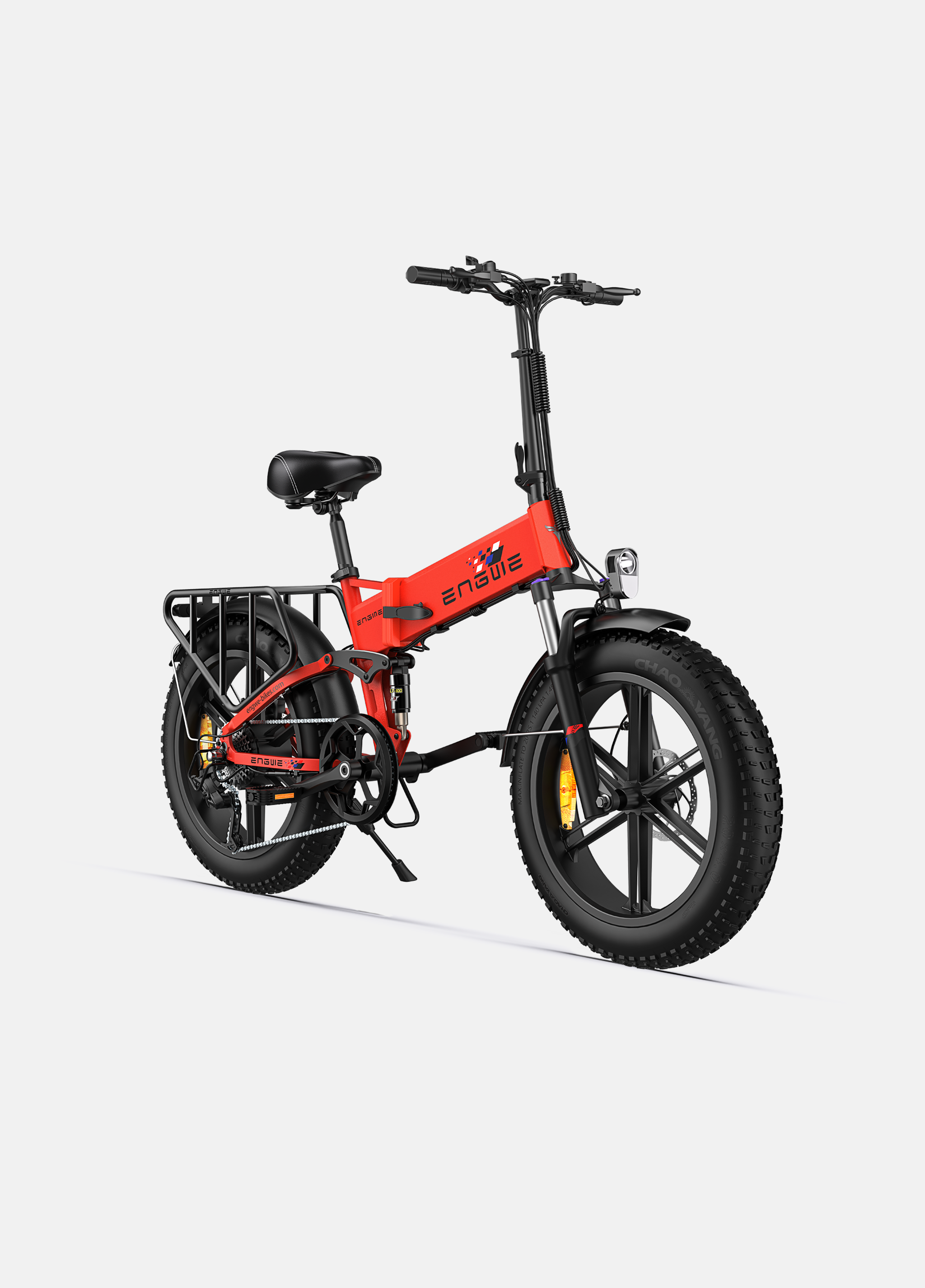 ENGWE Engine X e-bike in red color with fat tires and rear rack, showcasing 250W power and modern design.
