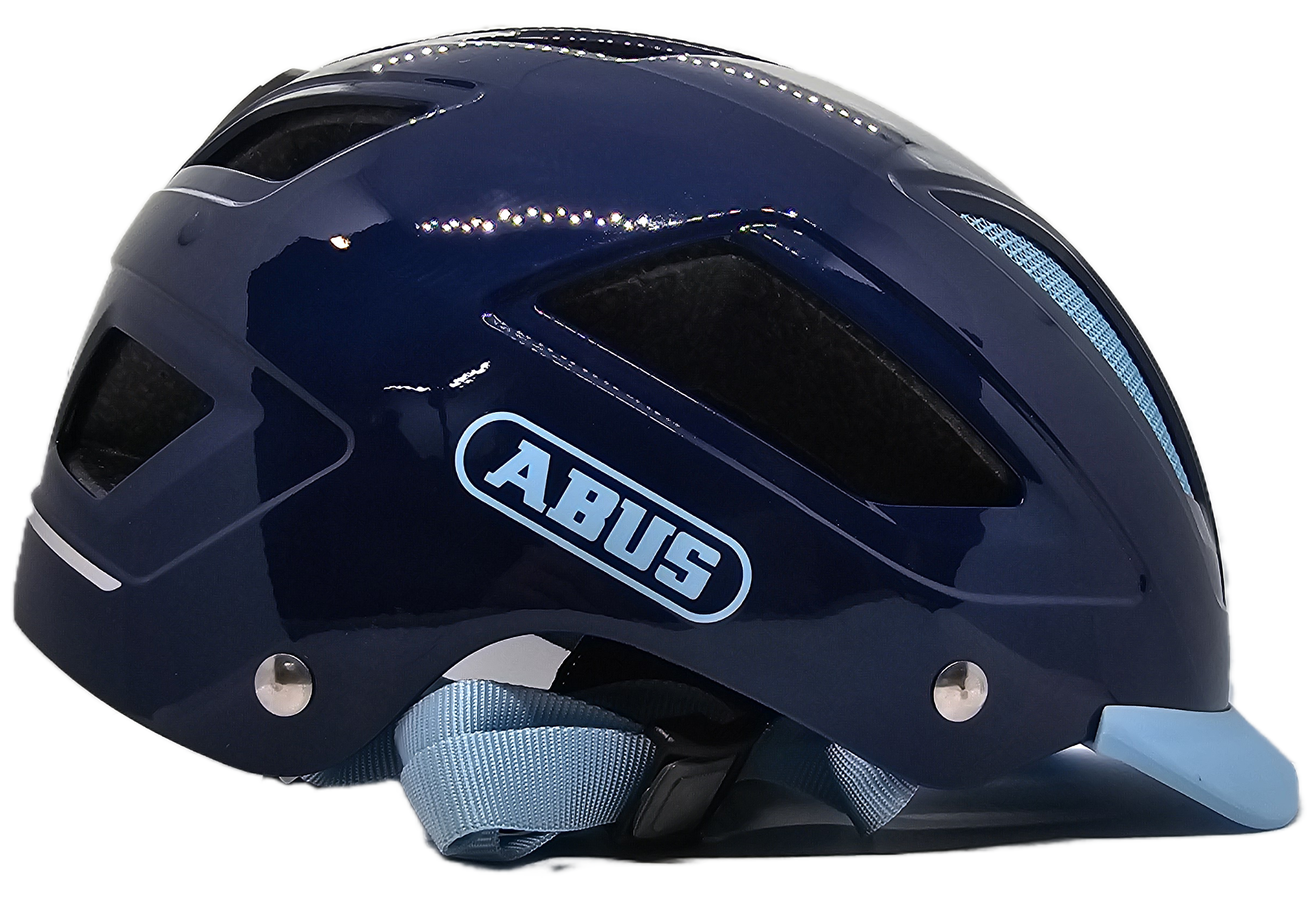 ABUS Hyban 2.0 Helmet in blue color, showcasing the strong hard shell and ventilation design.