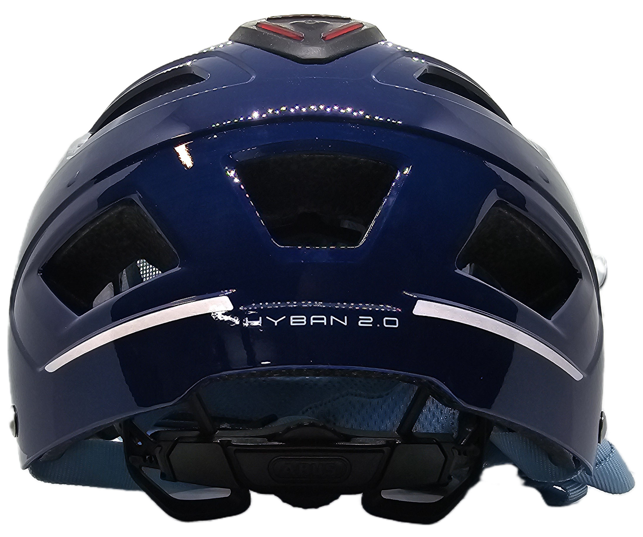 ABUS Hyban 2.0 Helmet rear view showcasing the design and illuminated LED rear light for added safety.