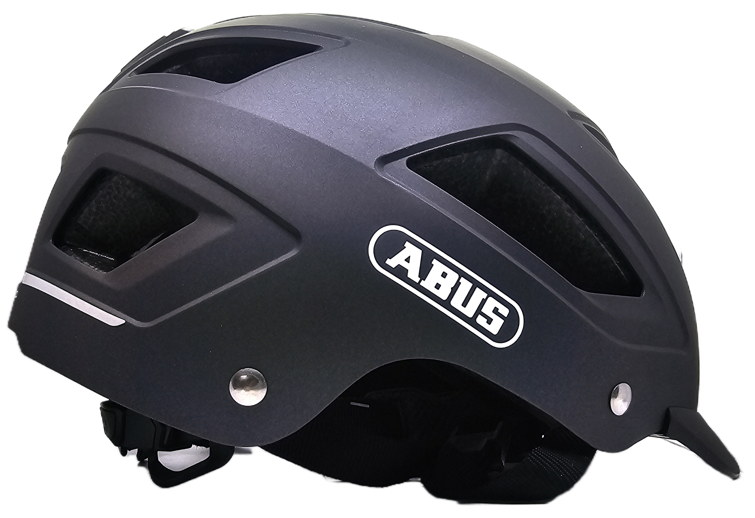 ABUS Hyban 2.0 Helmet in matte black, side view showcasing ventilation openings and logo, size M/L.