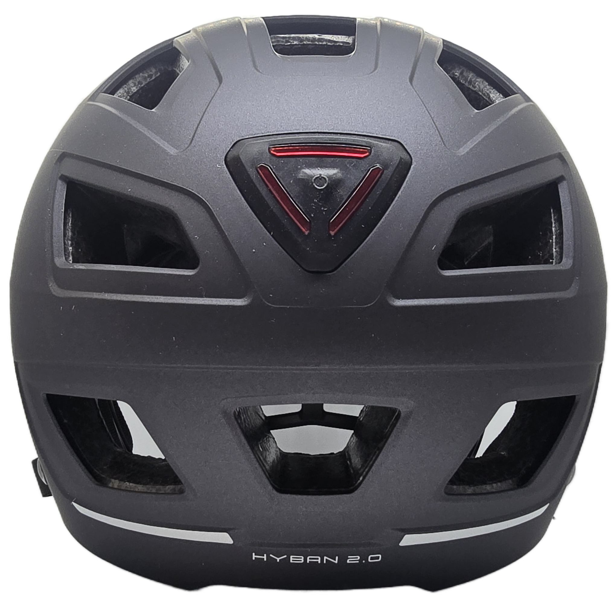 ABUS Hyban 2.0 Helmet front view featuring large air intakes and illuminated rear light.