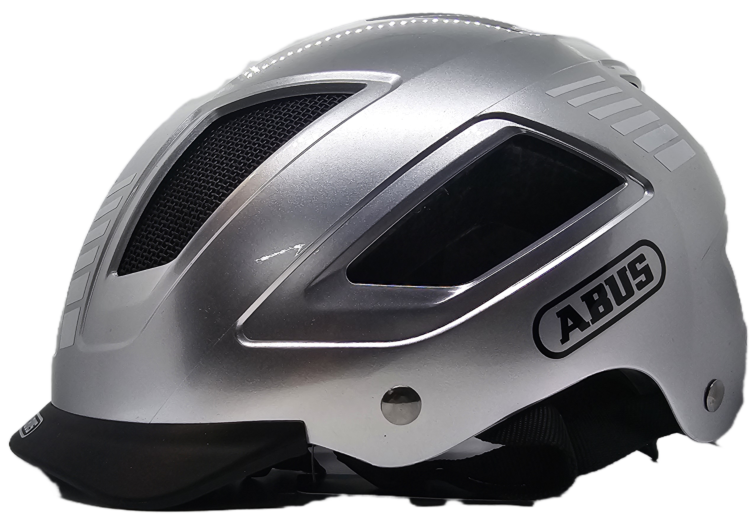 ABUS Hyban 2.0 Helmet - Medium / Large, silver city helmet with large air intakes and front design.