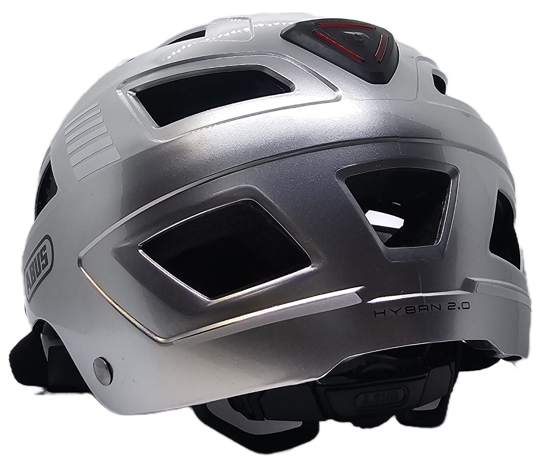 ABUS Hyban 2.0 Helmet in silver with ventilation openings and LED rear light.