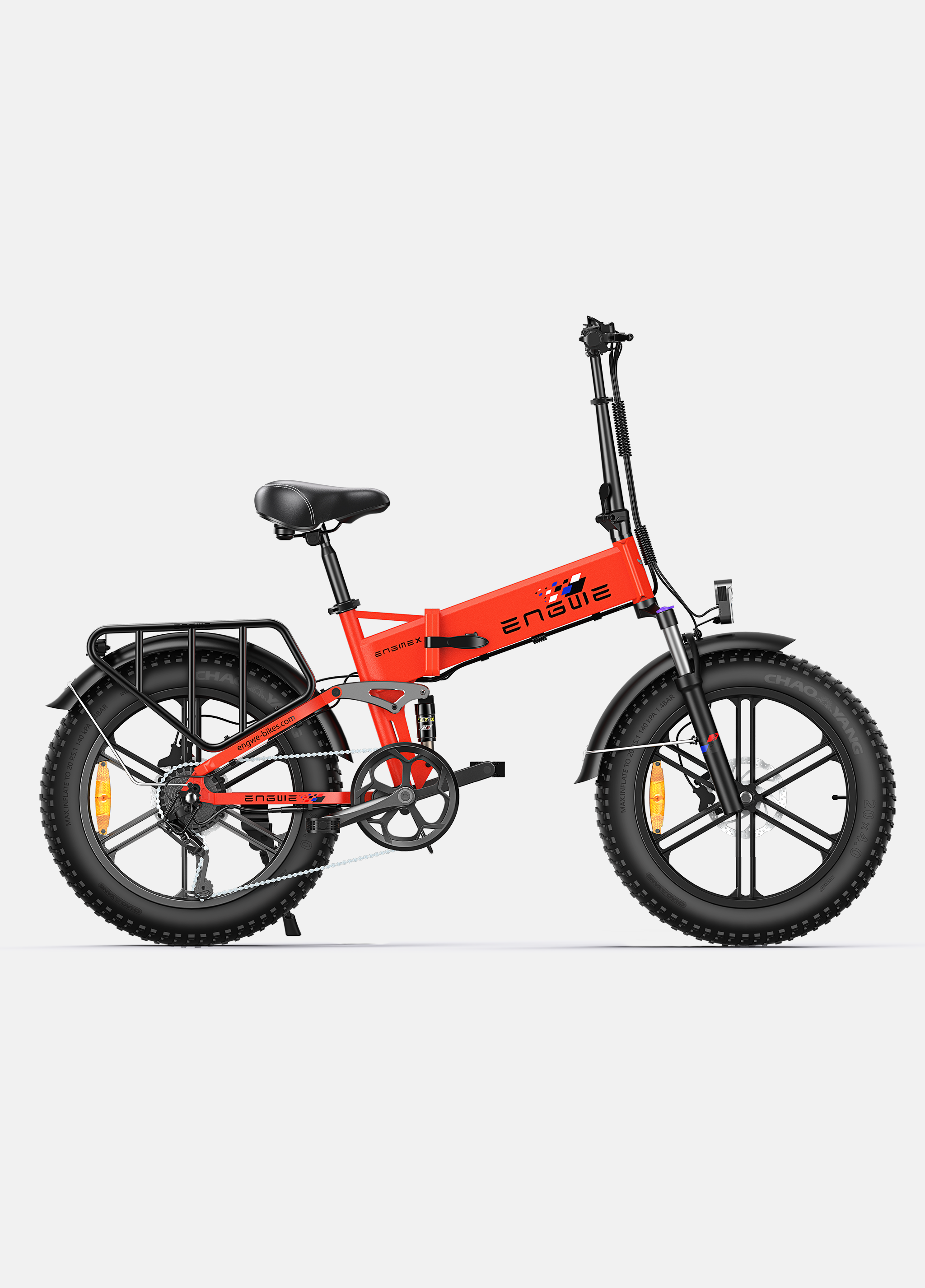 ENGWE Engine X e-bike in bright red color showcasing its sturdy design and fat tires for all terrains.