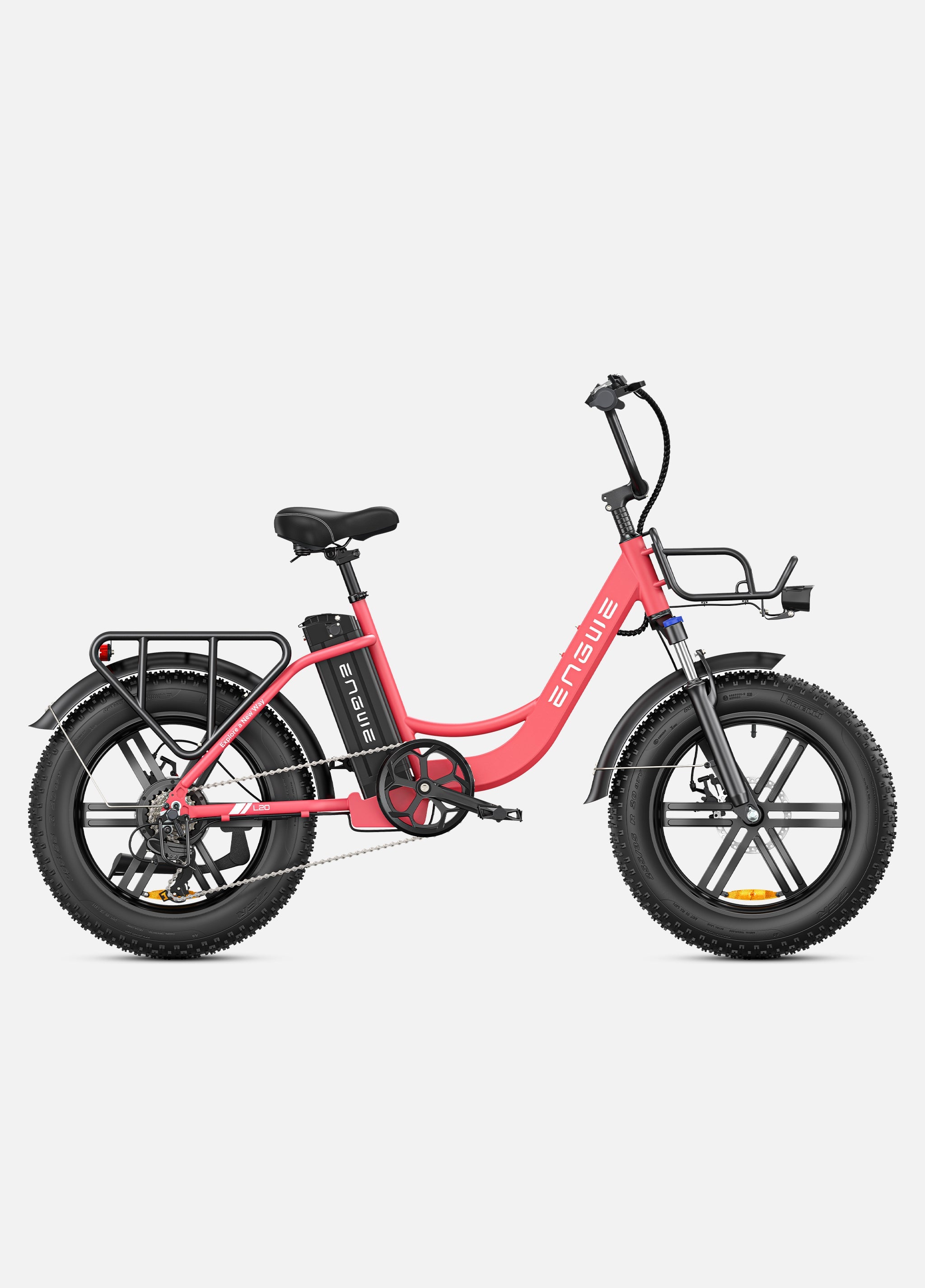 Engwe L20 electric bike in pink with large all-terrain tires and sturdy rear rack.