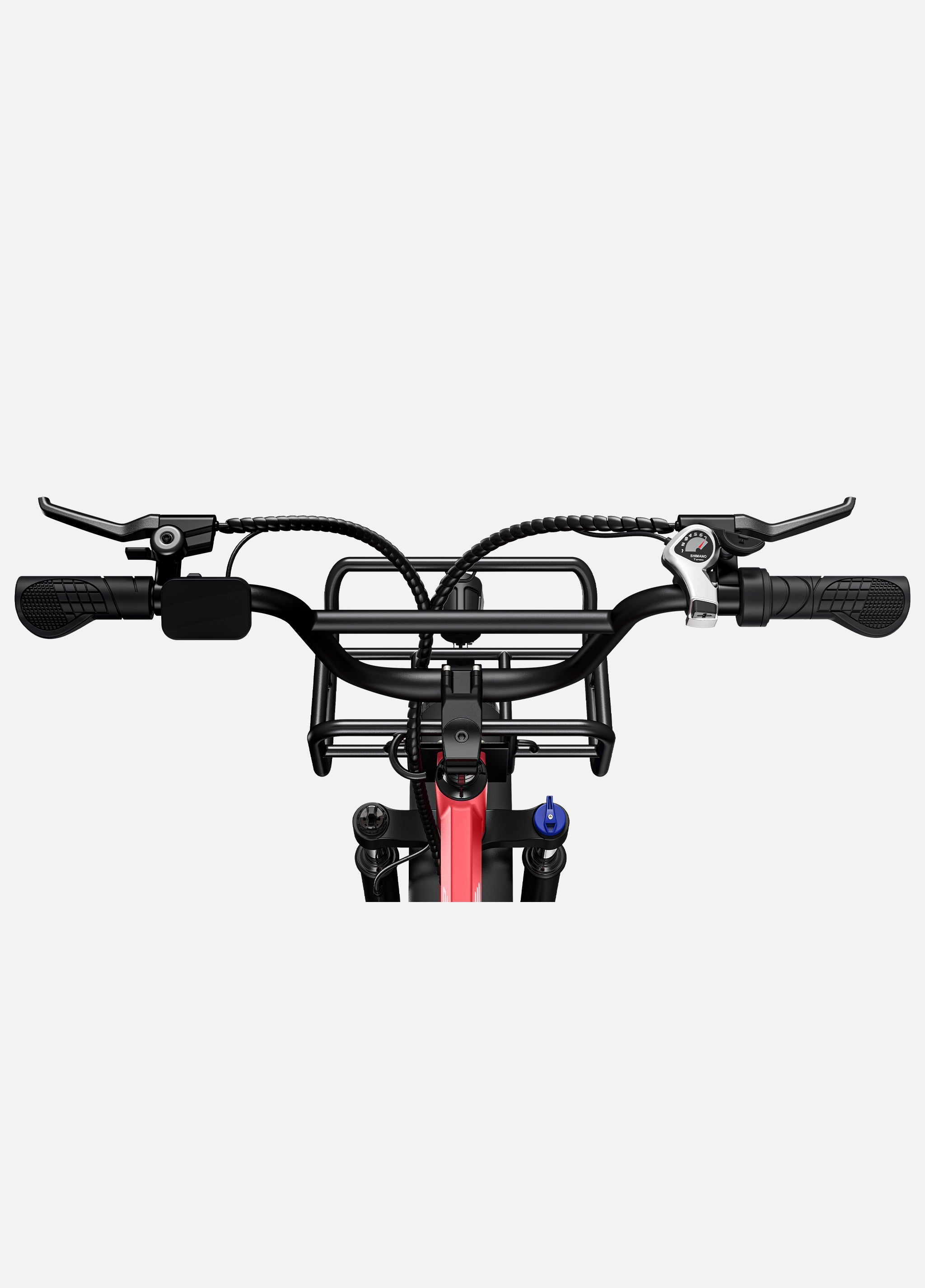Engwe L20 electric bike handlebars with throttle, gear shifter, and sturdy front rack.