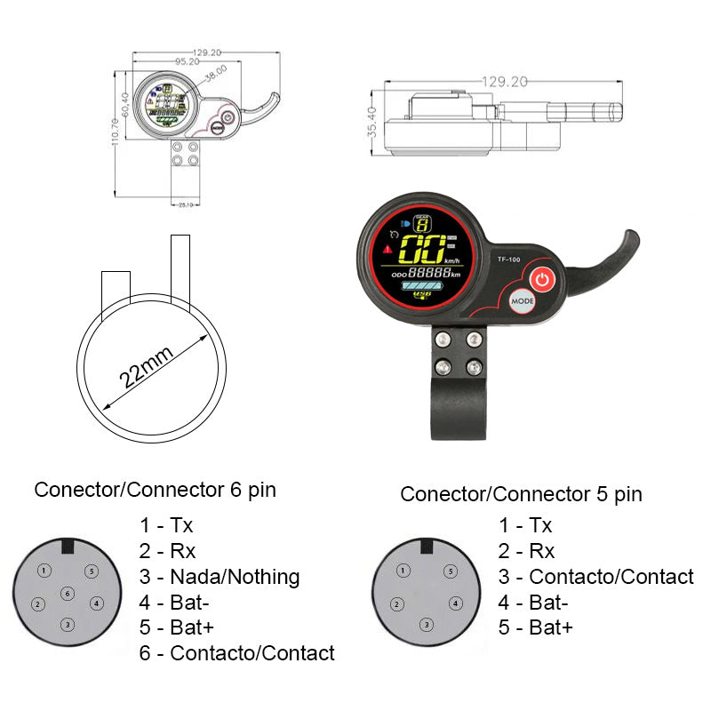 Display TF-100 – Waterproof 6-Pin Scooter Display showing connector specifications and dimensions.