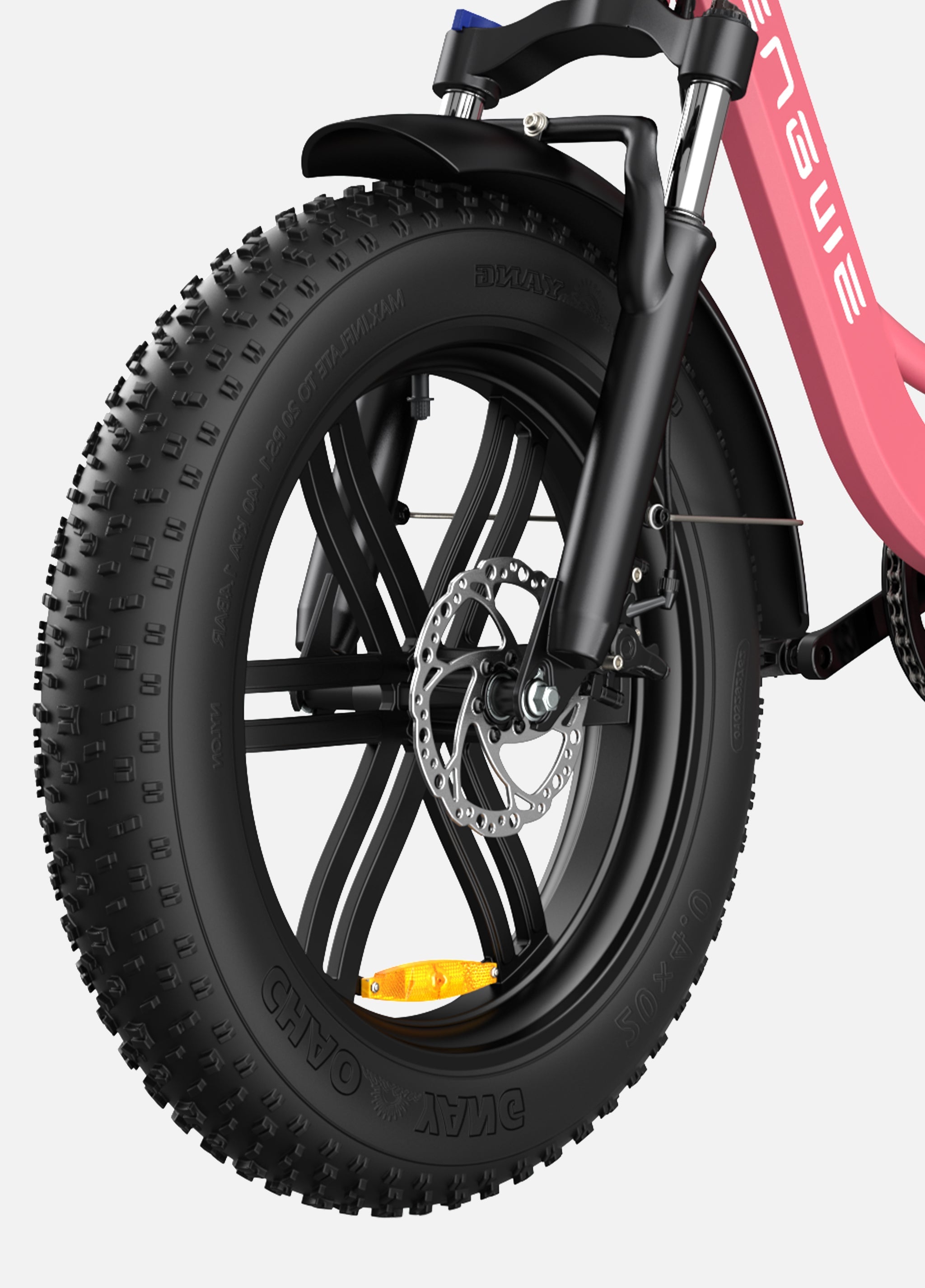 Engwe L20 electric bike front wheel with all-terrain tyre and suspension system.