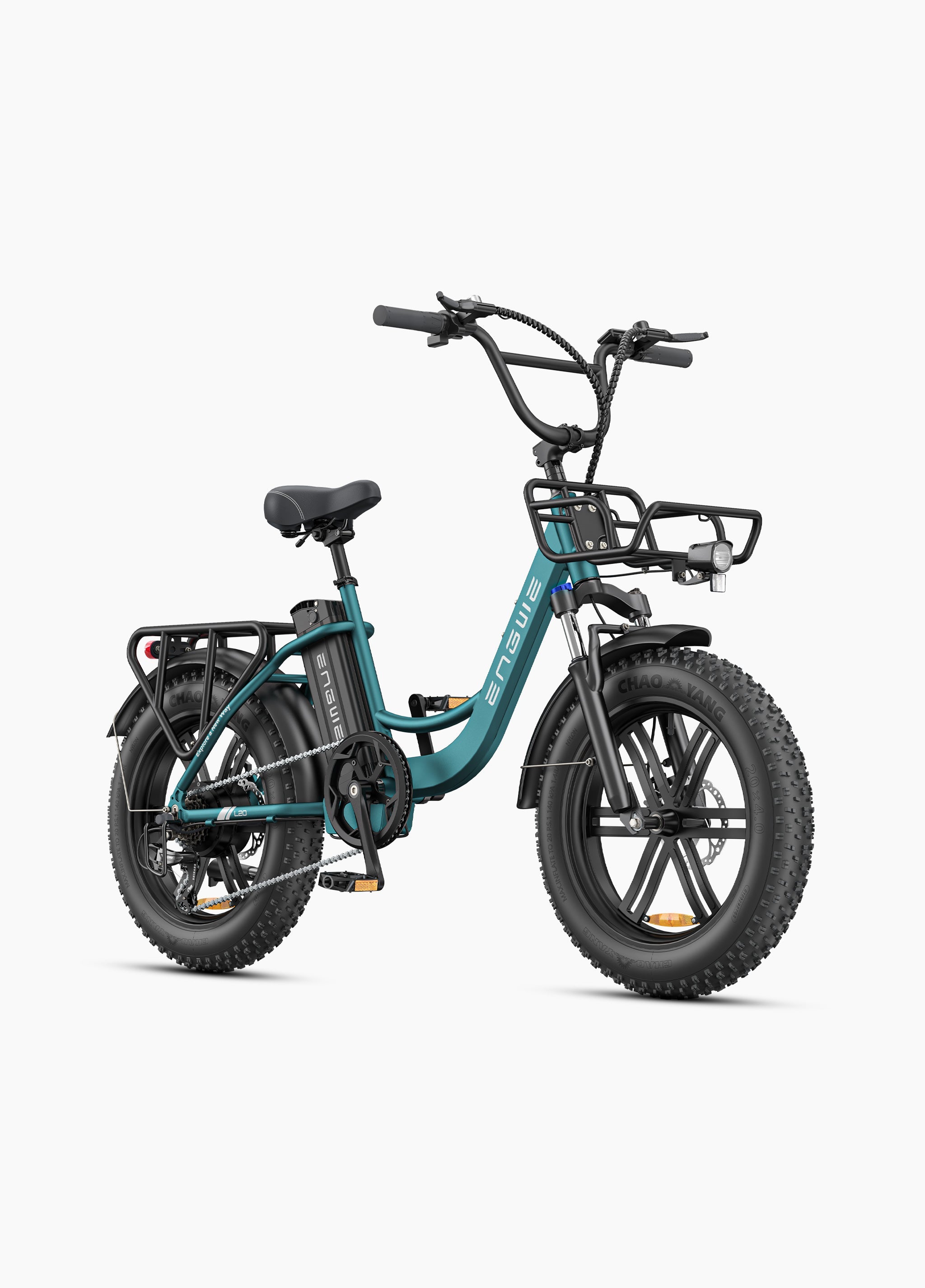 Engwe L20 Boost electric fat bike with 20-inch tires and a stylish teal frame, designed for all-terrain adventures.
