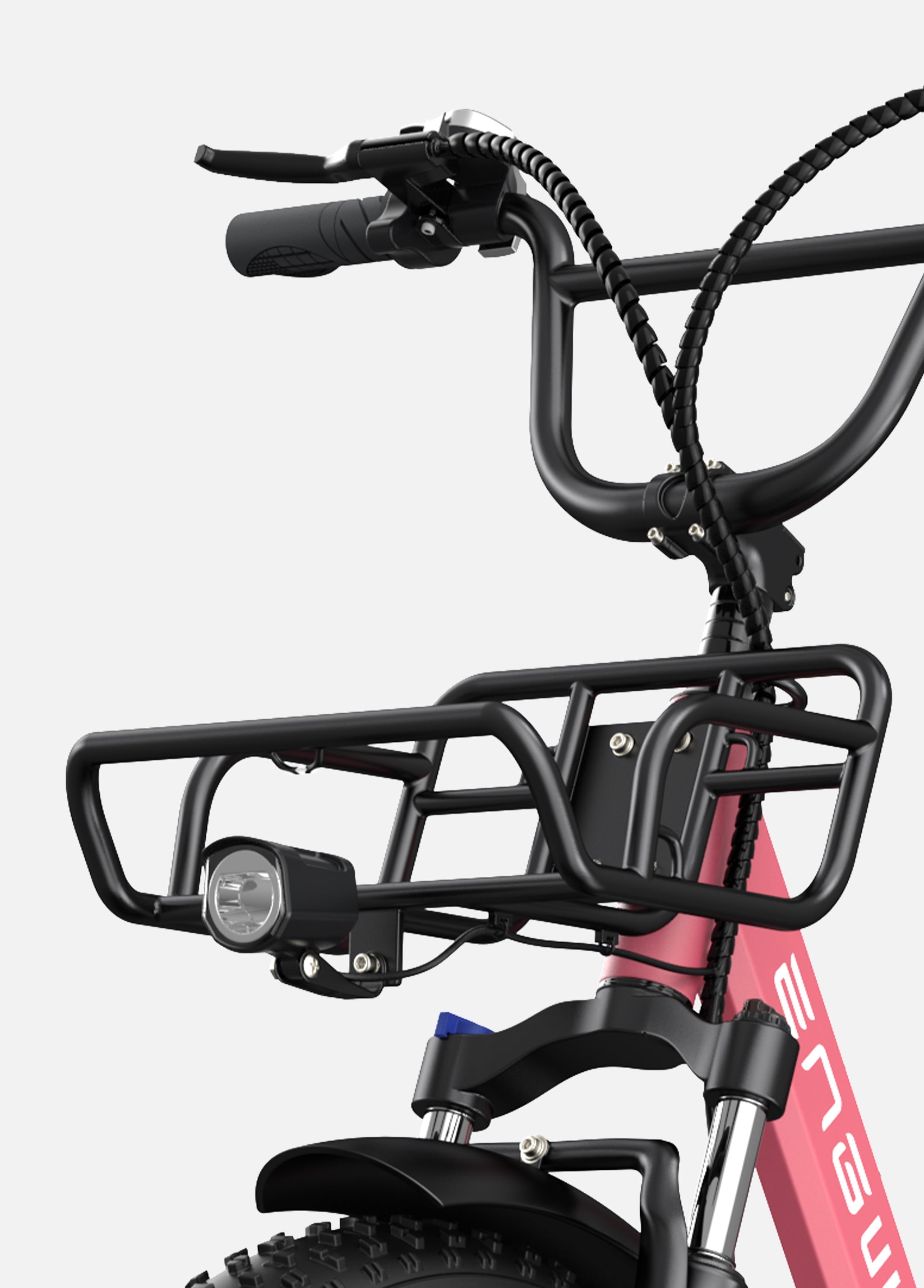 Close-up view of Engwe L20 bike handlebars and sturdy front rack with integrated light.