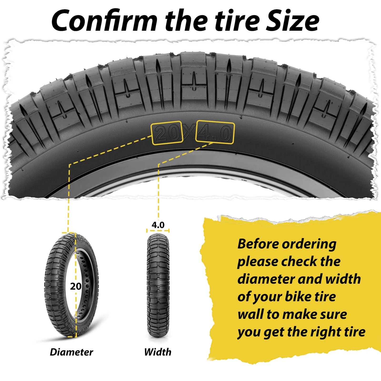 Confirm the tire size for the 20 x 4.0 Fat Bike Heavy Duty Tire with diameter and width indicators.