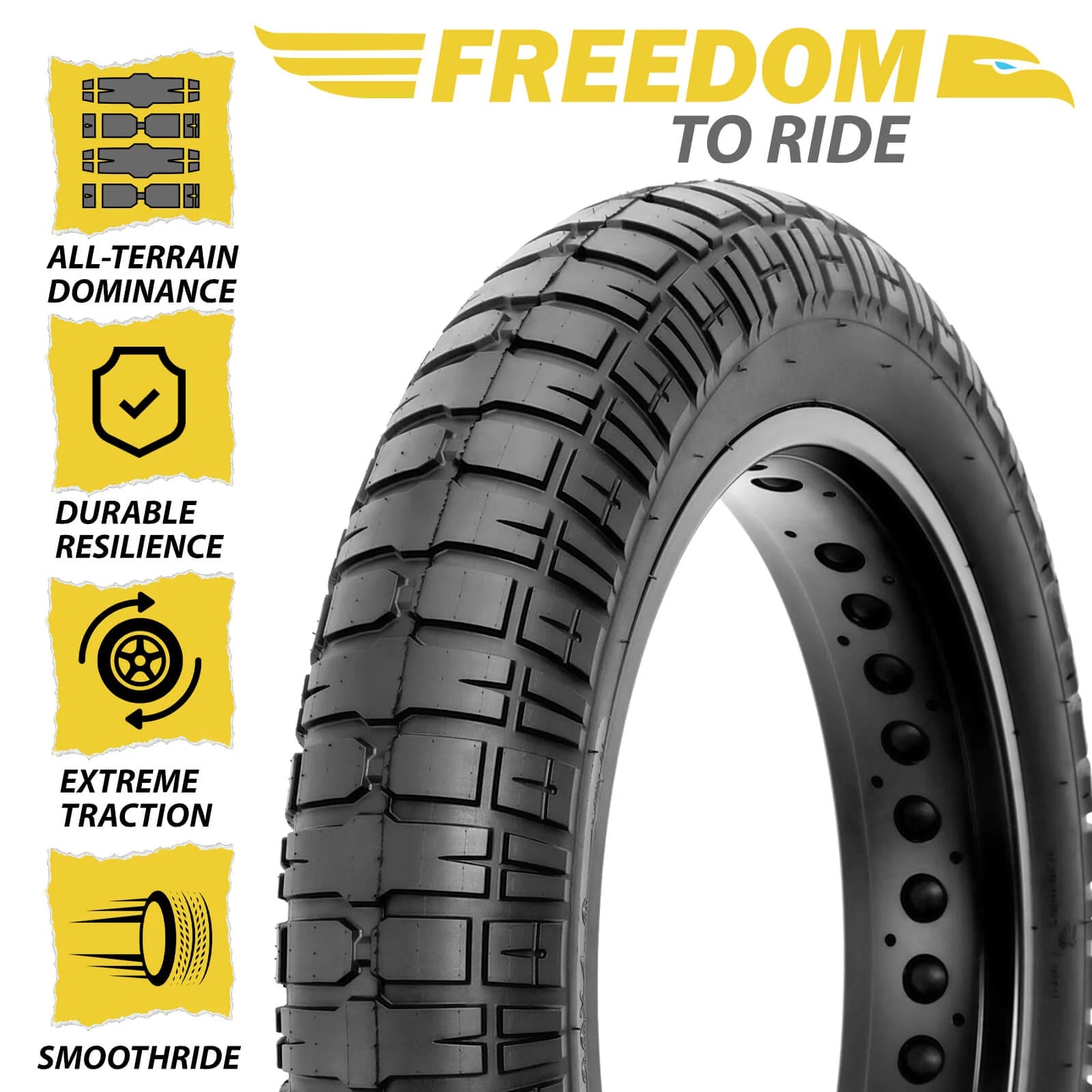 20 x 4.0 Fat Bike Heavy Duty Tire displayed with features like all-terrain dominance and extreme traction.