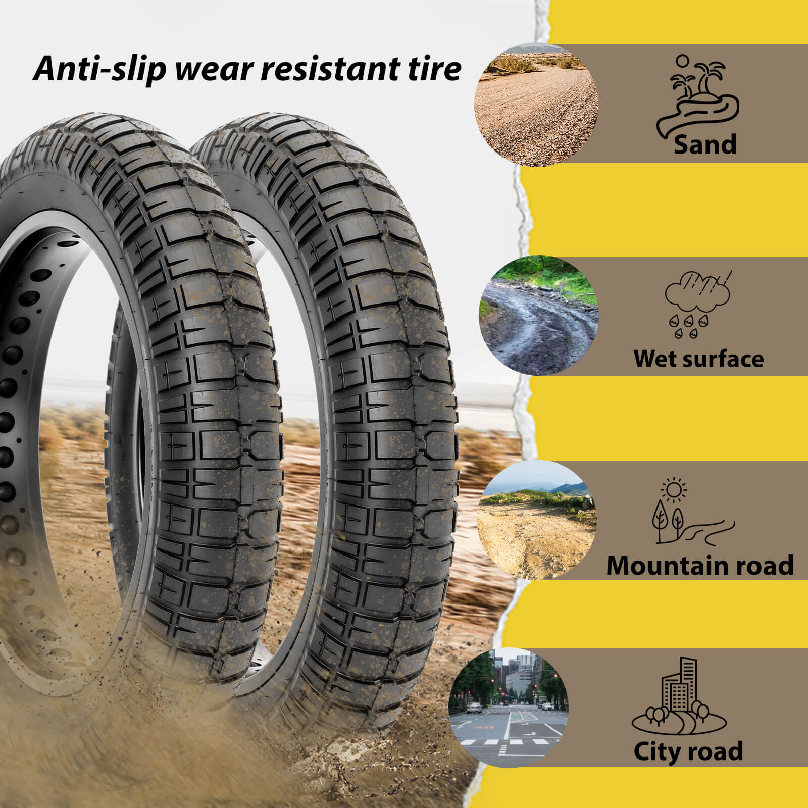 20 x 4.0 Fat Bike Heavy Duty Tire designed for various terrains including sand, wet surfaces, mountain roads, and city roads.