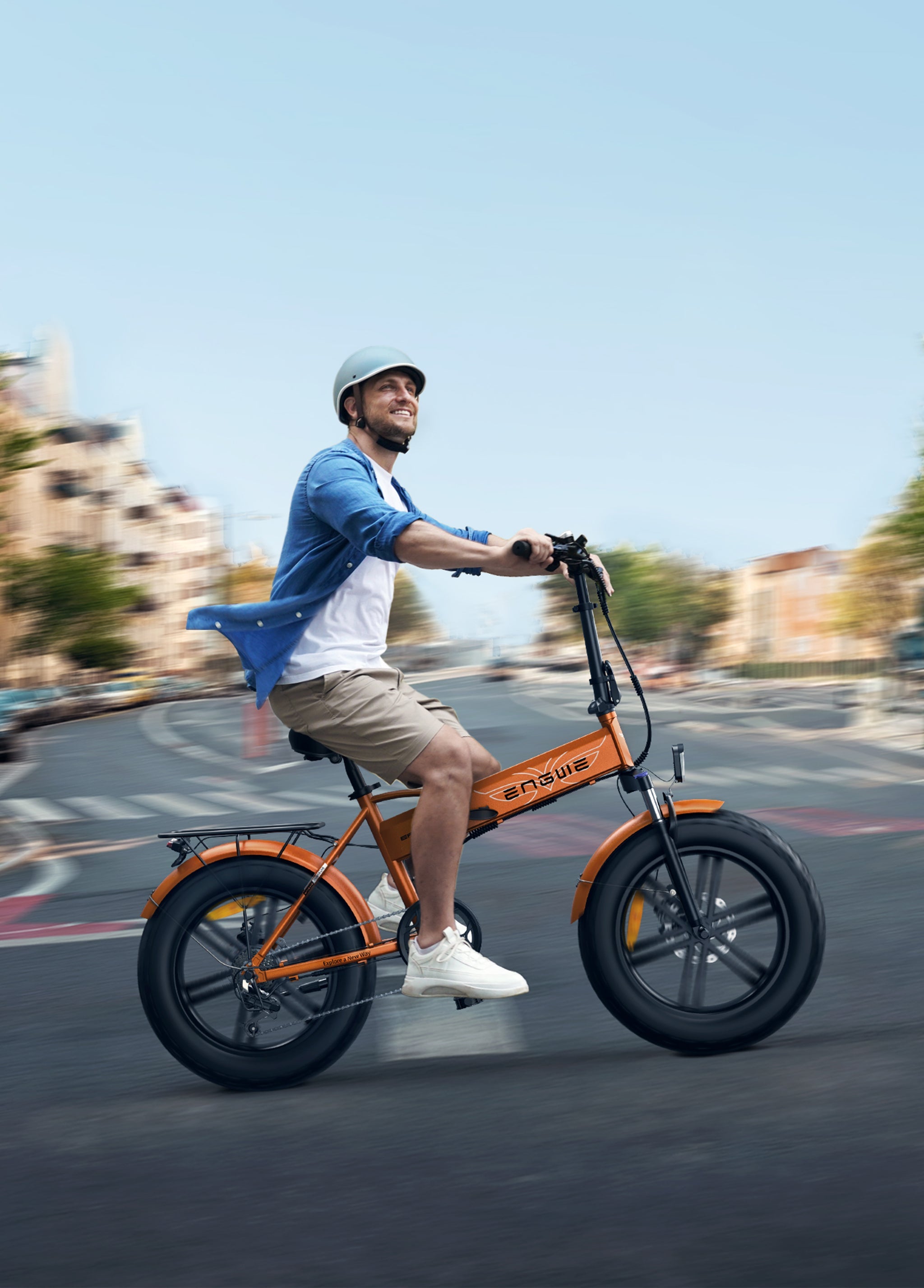 Man riding the ENGWE EP-2 Boost electric bike on an urban street for all terrain riding.
