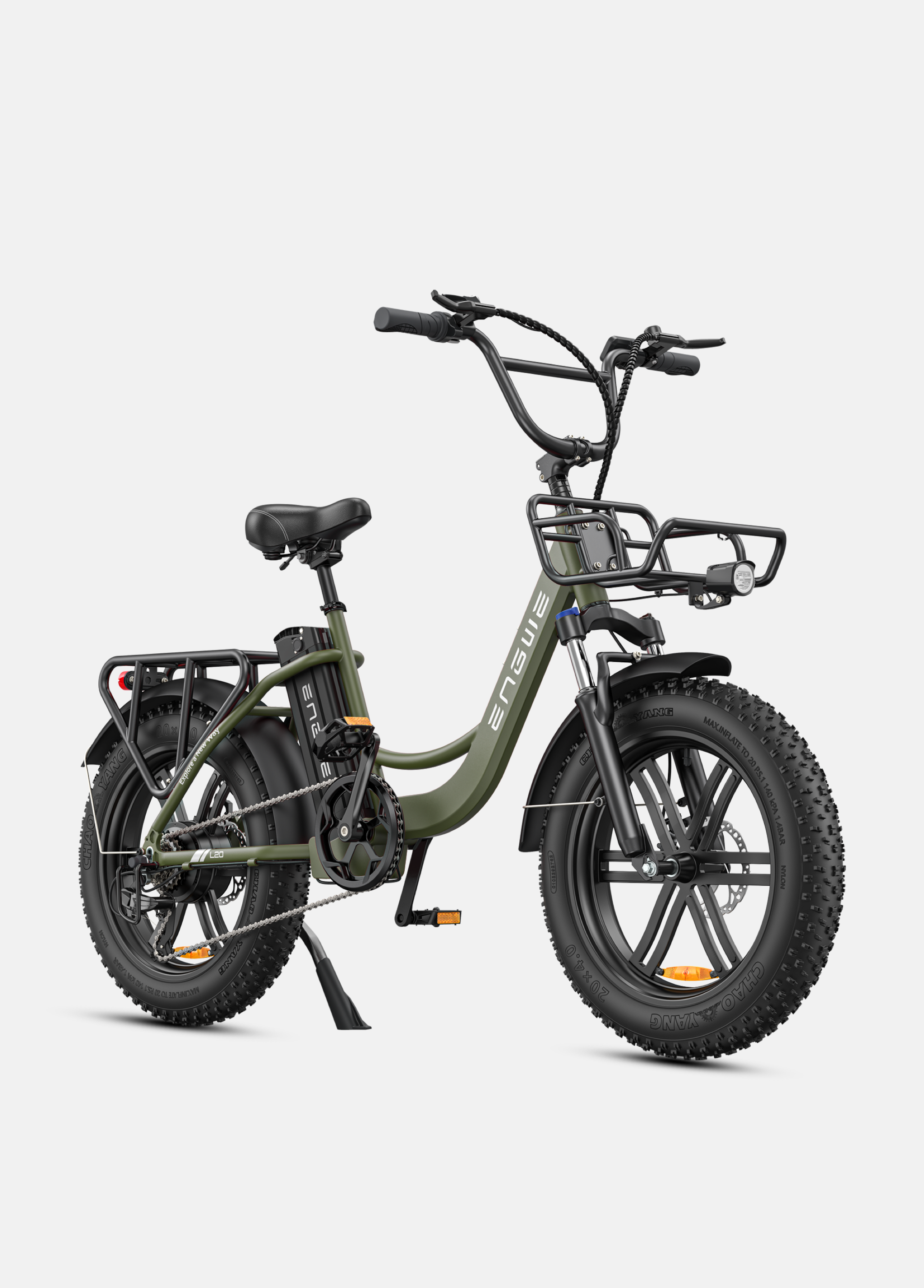 Engwe L20 electric bike in green color with 20-inch all terrain tires and sturdy rear rack.