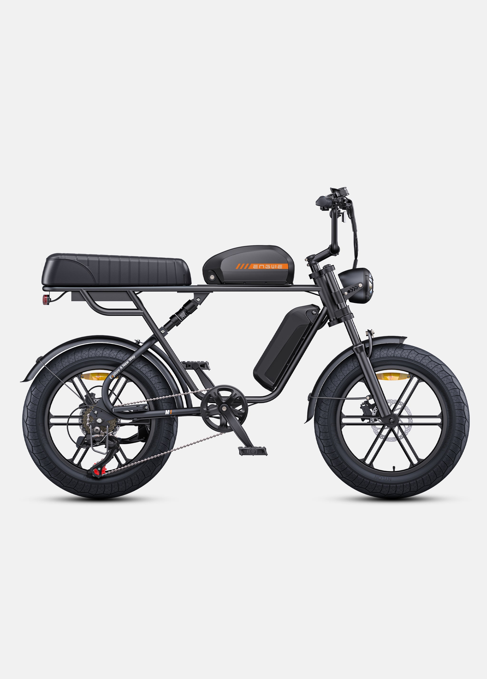 ENGWE M1 powerful e-bike showcasing dual seats, 250W motor, and stylish design.
