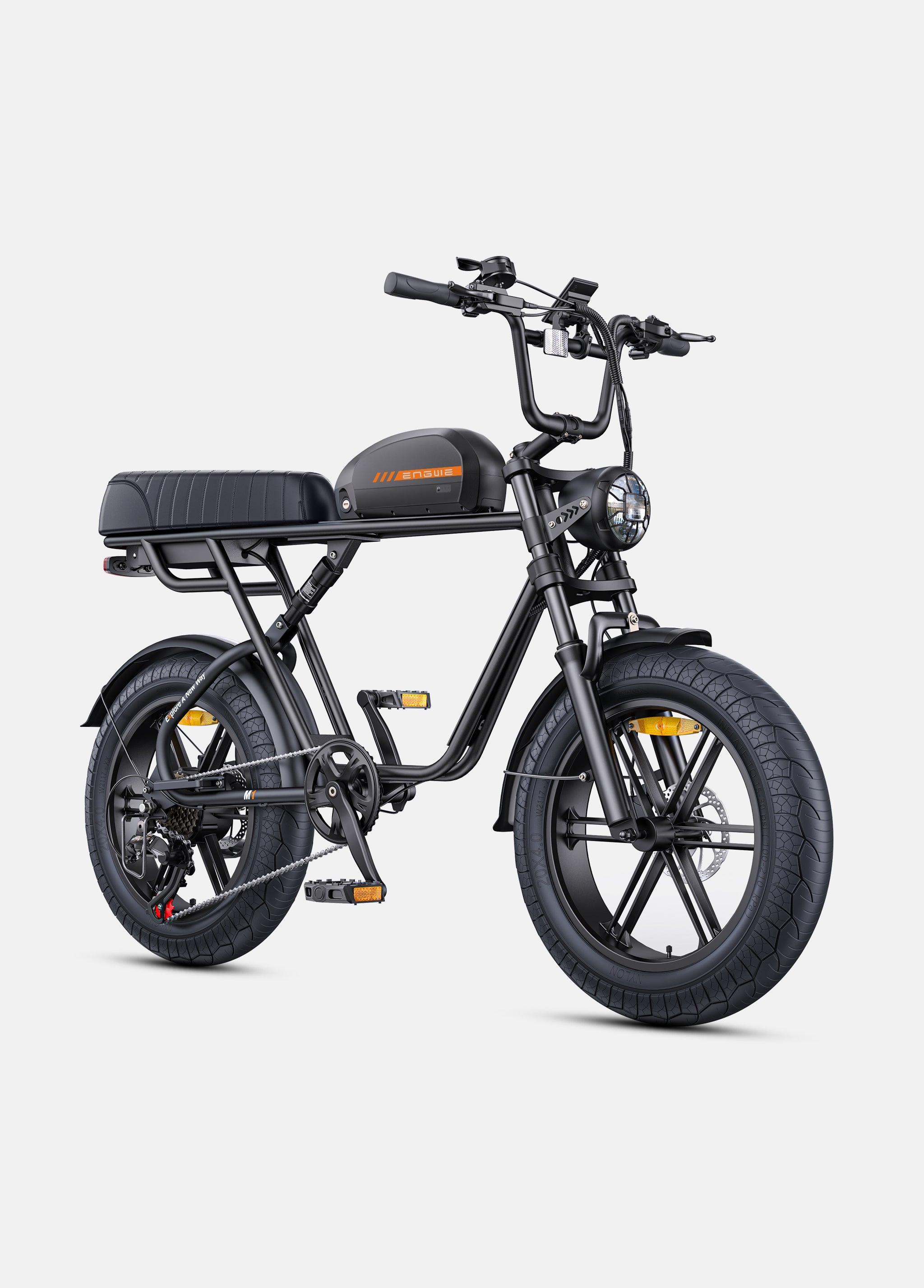 ENGWE M1 e-bike with dual seats, powerful motor, and safety lights features showcasing sleek design.