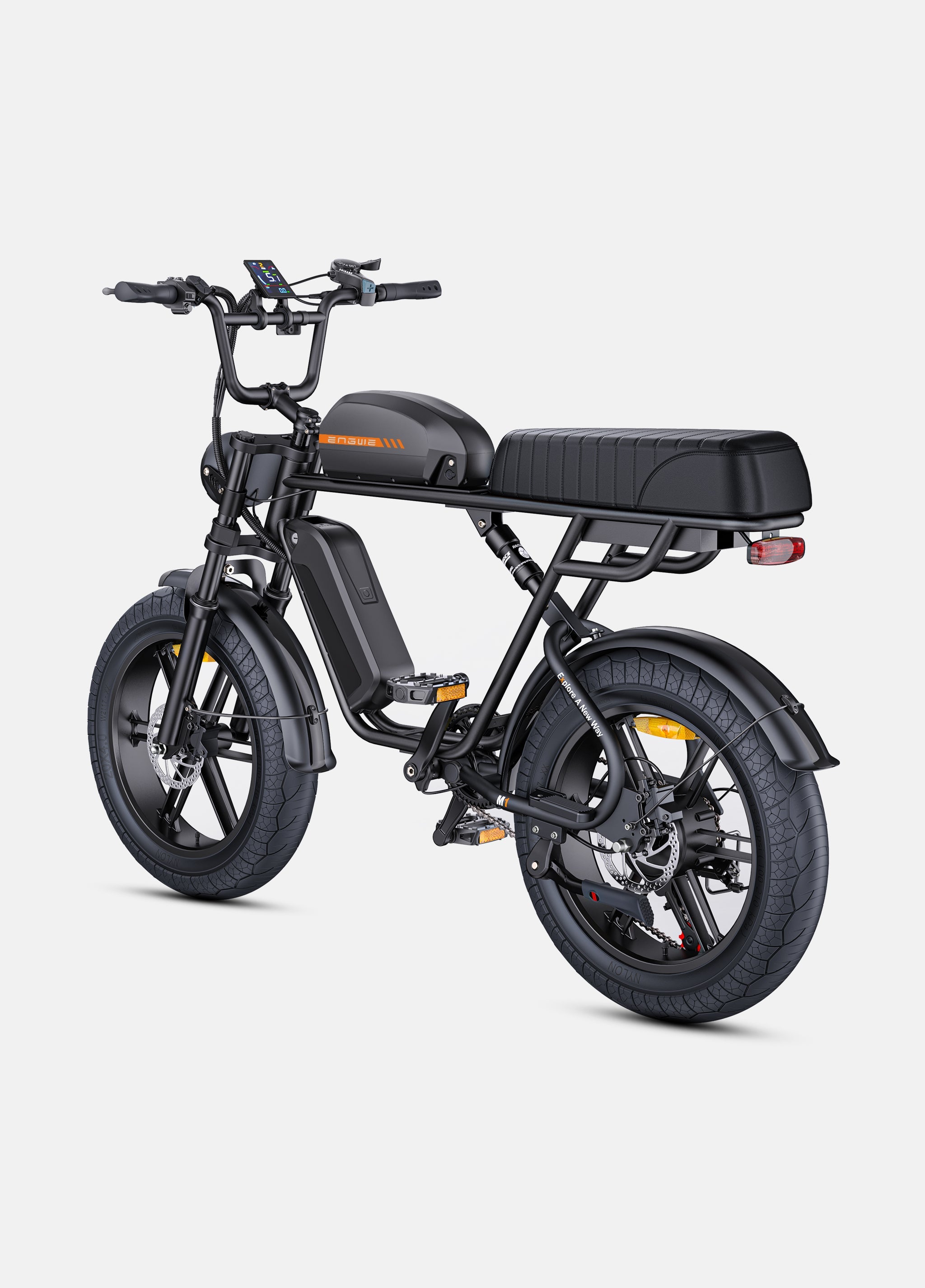 ENGWE M1 powerful e-bike showcasing dual seats and safety features from a side angle