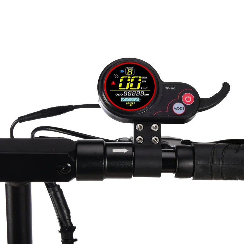 Display TF-100 – Waterproof 6-Pin Scooter Display mounted on a scooter handlebar showing speed and distance.