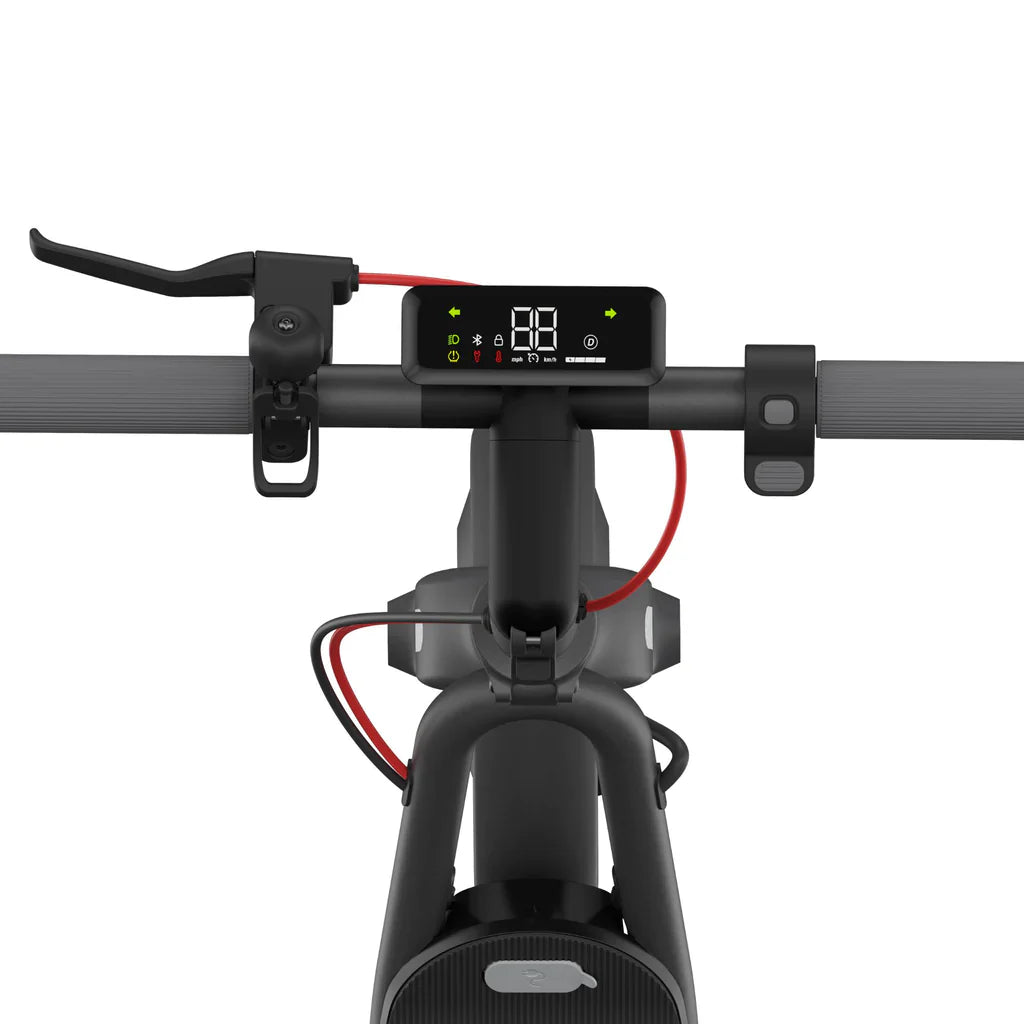 Navee V50 Electric Scooter handlebar display showing speed and battery life features.