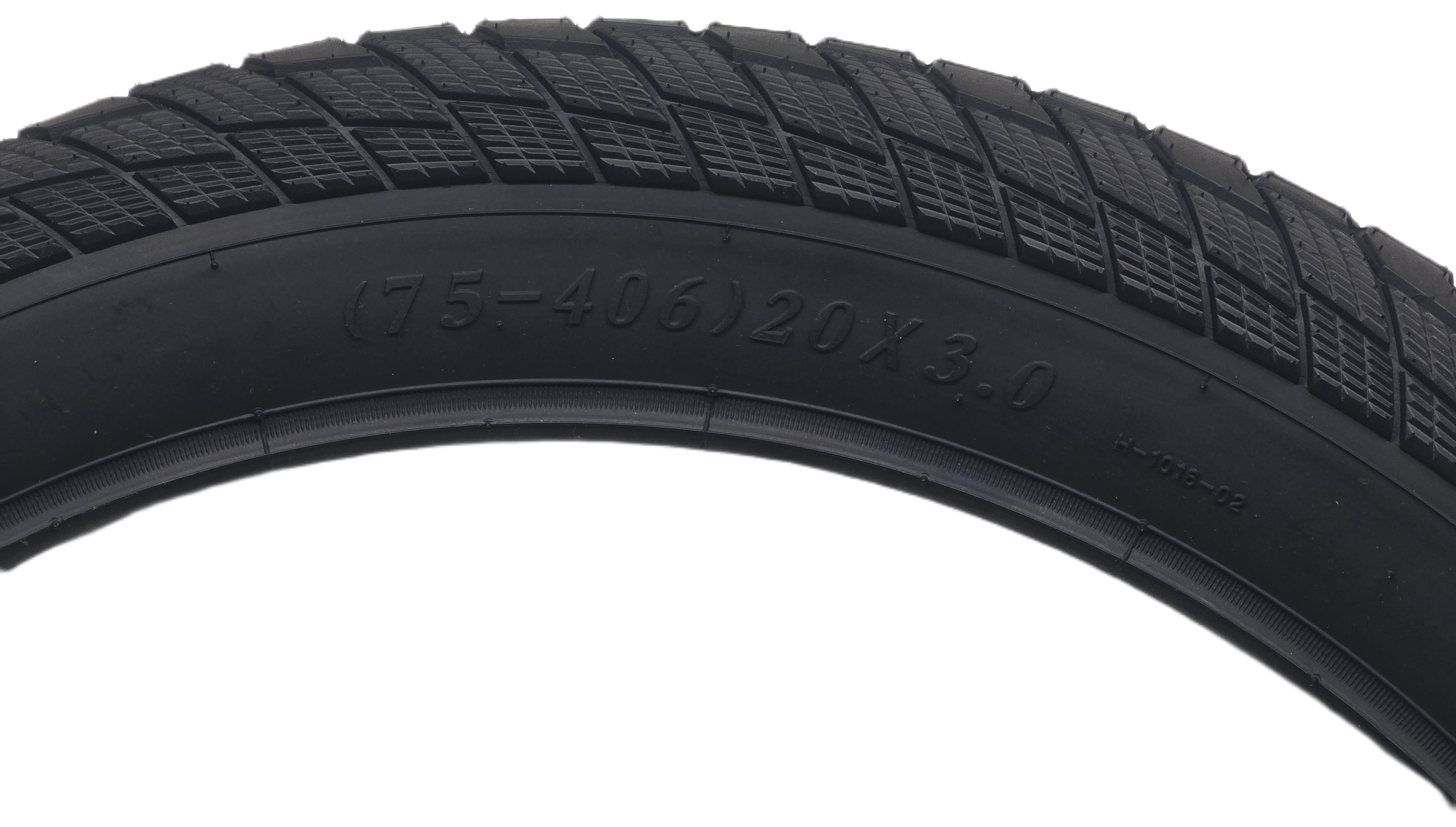 E-Bike H-1016 Durable and High Grip 20x3 Inch Tire showing tread design and specifications.